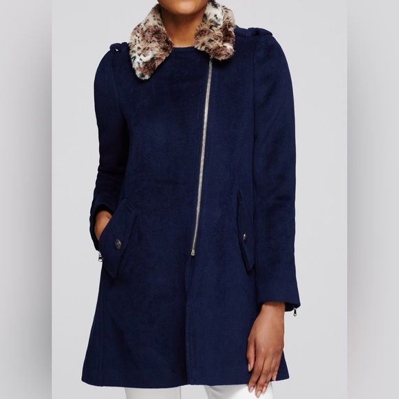 Rebecca Taylor Jackets & Blazers - Rebecca Taylor Navy Wool Coat w/ Faux Fur Leopard Collar | Size